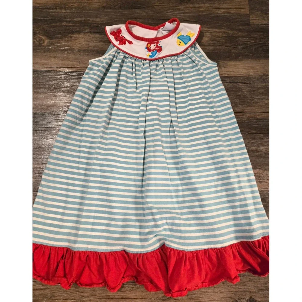 Stitchy Fish Girls Blue White Striped Mermaid Embroidered Ruffle Dress Size 7